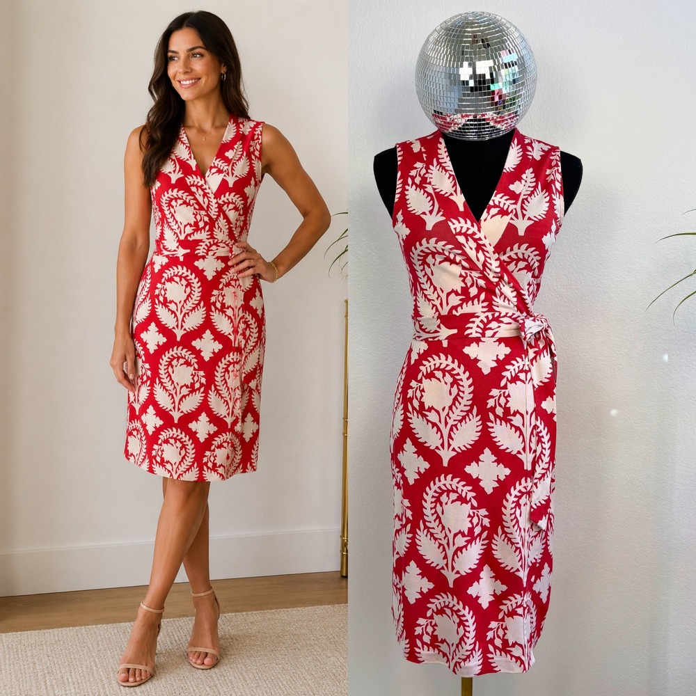 Diane von Furstenberg Yahzi Silk Wrap Dress,‎ Sleeveless Floral | Size 4 Red 70s